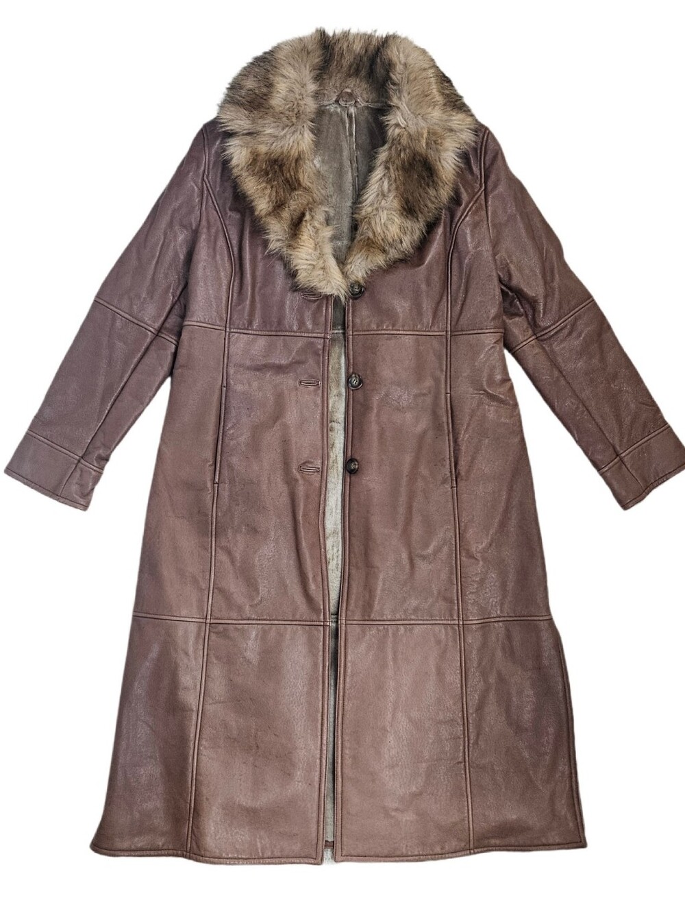 Vtg Leather Penny Lane Coat Maxi Long Faux Fur Collar Button Pockets Womens L